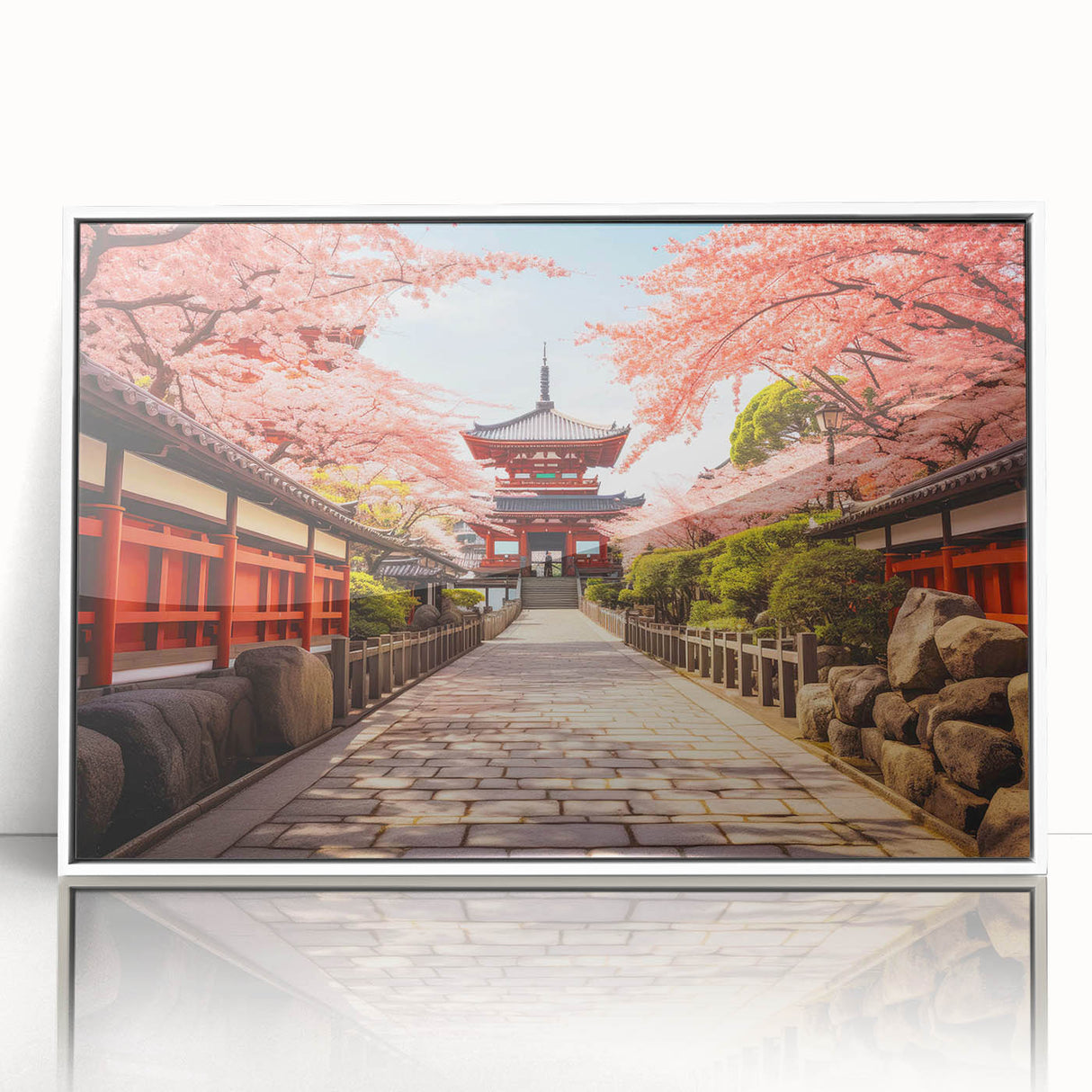Art deco poster of Kyoto scenery in muted earth tones on framed acrylic, ideal for modern art wall decor.