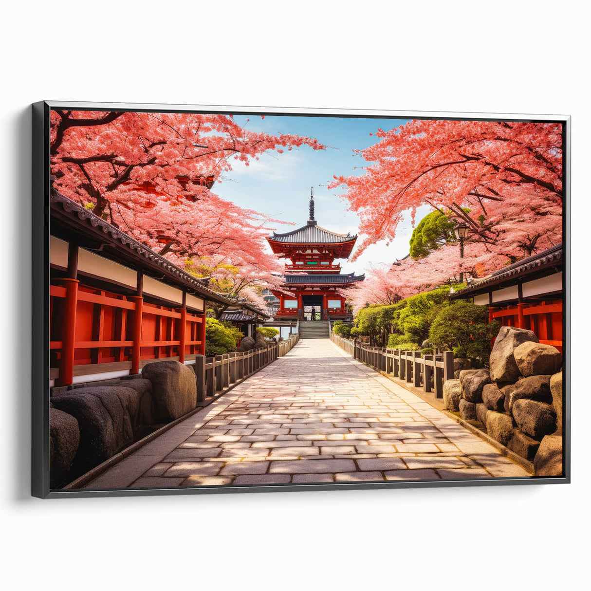 Black and white landscape art of Kyoto with vintage poster style on framed canvas, suitable for bedroom wall decor.