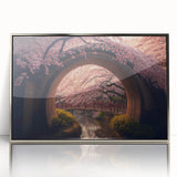 Mid-century modernist art of a serene Japanese landscape in muted colors on a framed acrylic print.