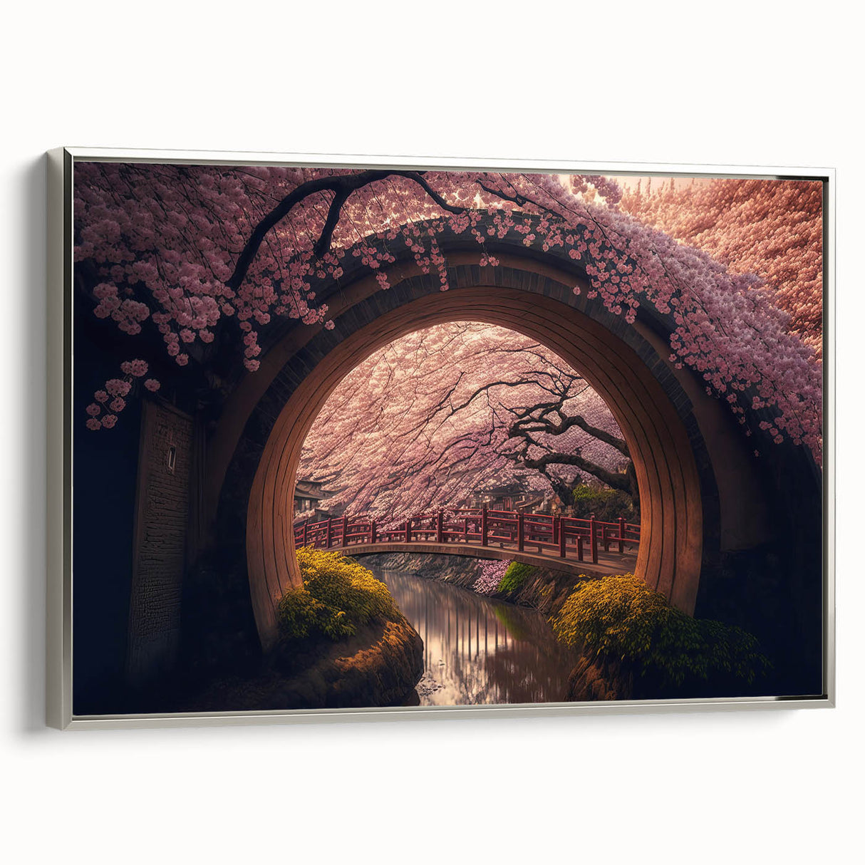 Framed canvas featuring a vintage Japanese landscape painting with colorful art elements on a black background.