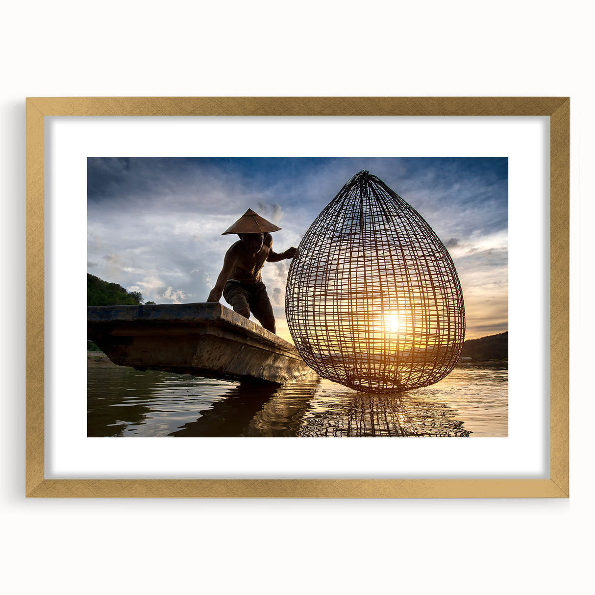 Extra large abstract art print of a Laos scenery in textured gold frame, ideal for living room decor.
