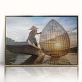 Large acrylic print of a mid-century modernist Laotian landscape in muted earth tones, ideal for modern art wall decor.