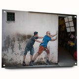 Large abstract wall art depicting a Malaysian landscape in muted earth tones on acrylic glass.