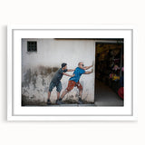 Abstract art print of a Malaysian landscape in muted earth tones on a framed white mat, suitable for dining room decor.