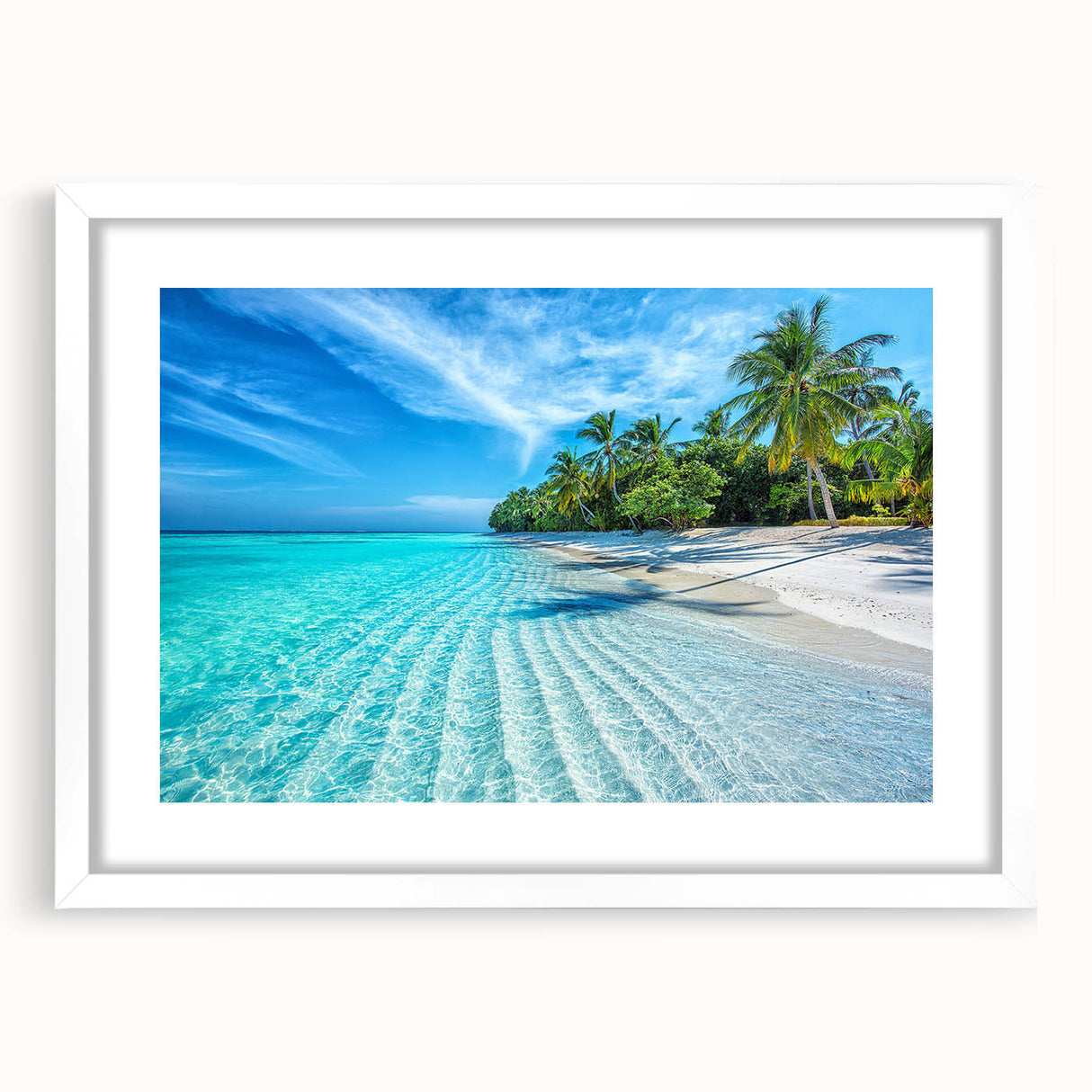 Abstract art print of Maldives scenery in muted blue and green tones on a white-framed canvas.