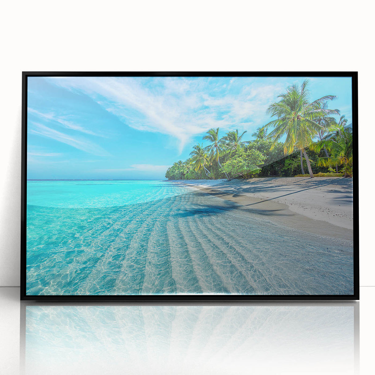 Large abstract wall art of a Maldivian scenery in muted blue and green tones on framed acrylic.