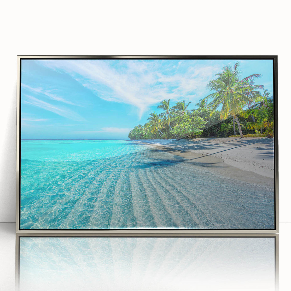 Mid-century modernist art depicting a serene Maldivian seascape in cool blue tones, framed in silver acrylic.