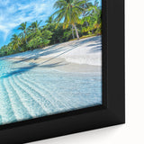 Framed canvas featuring a textured, colorful depiction of the Maldives with black borders, ideal for large living room walls.