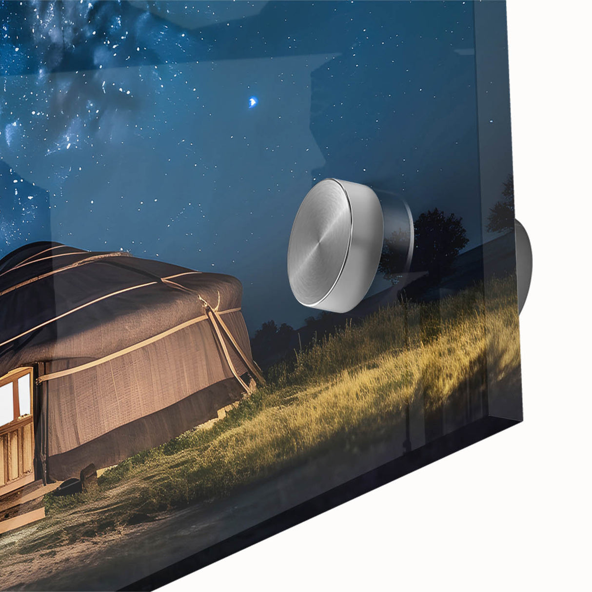 Large abstract wall art featuring a Mongolian landscape in muted earth tones on acrylic glass.