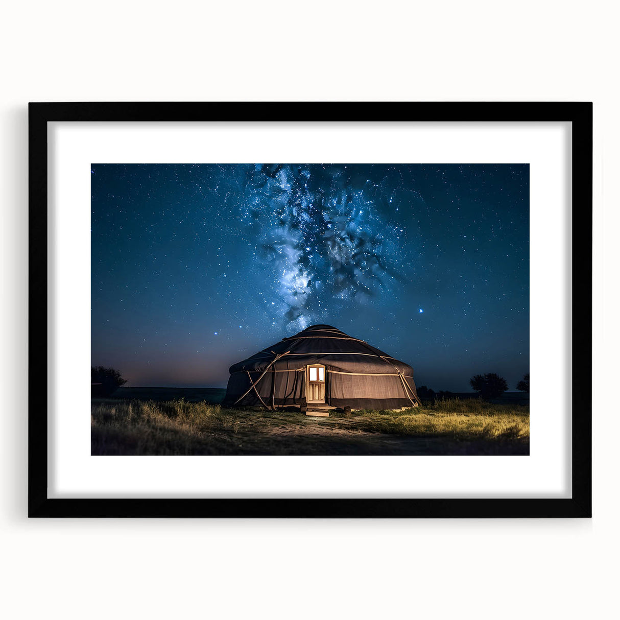 Extra large abstract art print featuring textured, colorful scenery of Mongolia, in a black frame with mat.