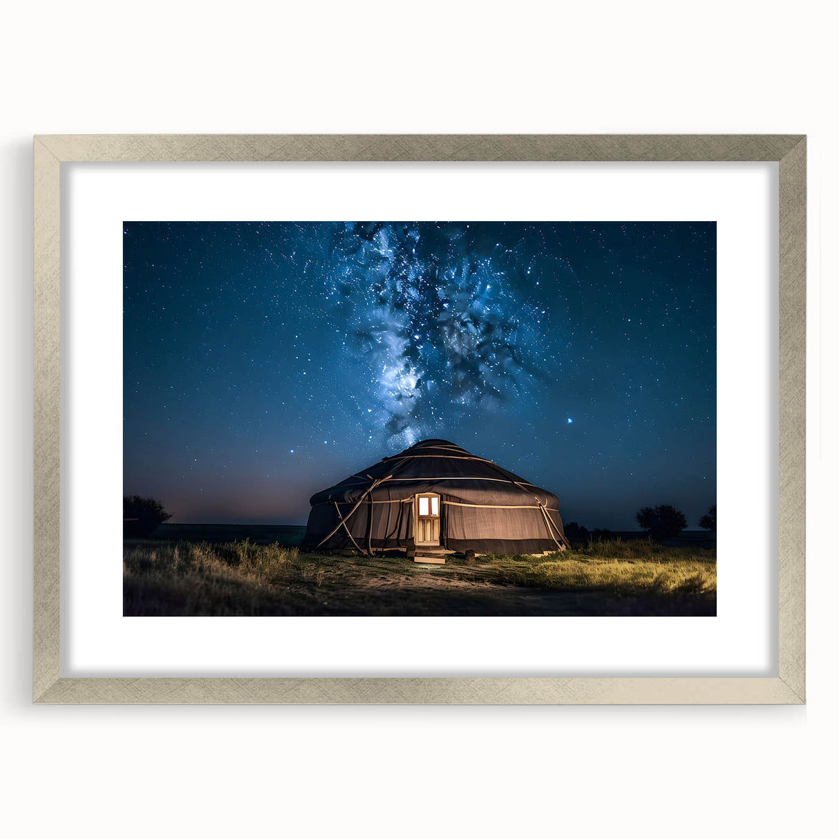 Textured abstract art print depicting Mongolian scenery in muted earth tones, framed with a silver mat.