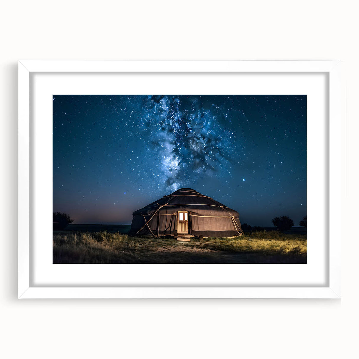 Abstract art print depicting a serene Mongolian landscape in muted earth tones, framed with a white mat.