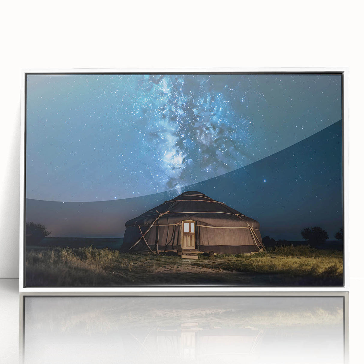 Framed acrylic print of a Mongolian landscape in muted earth tones, ideal for modern art wall decor.