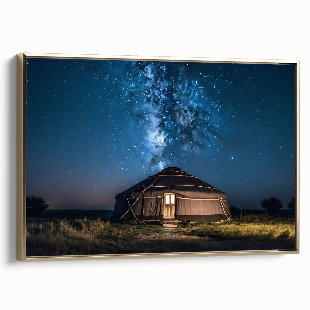 Framed canvas wall art depicting a vintage-style Mongolian landscape in muted gold and black tones, ideal for bedroom decor.