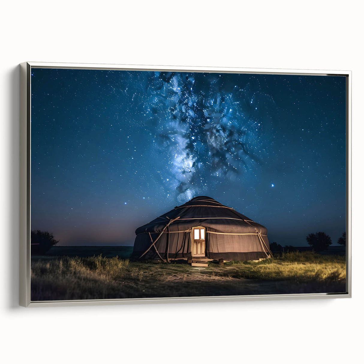 Framed canvas depicting a vintage-style Mongolian landscape with colorful art elements.