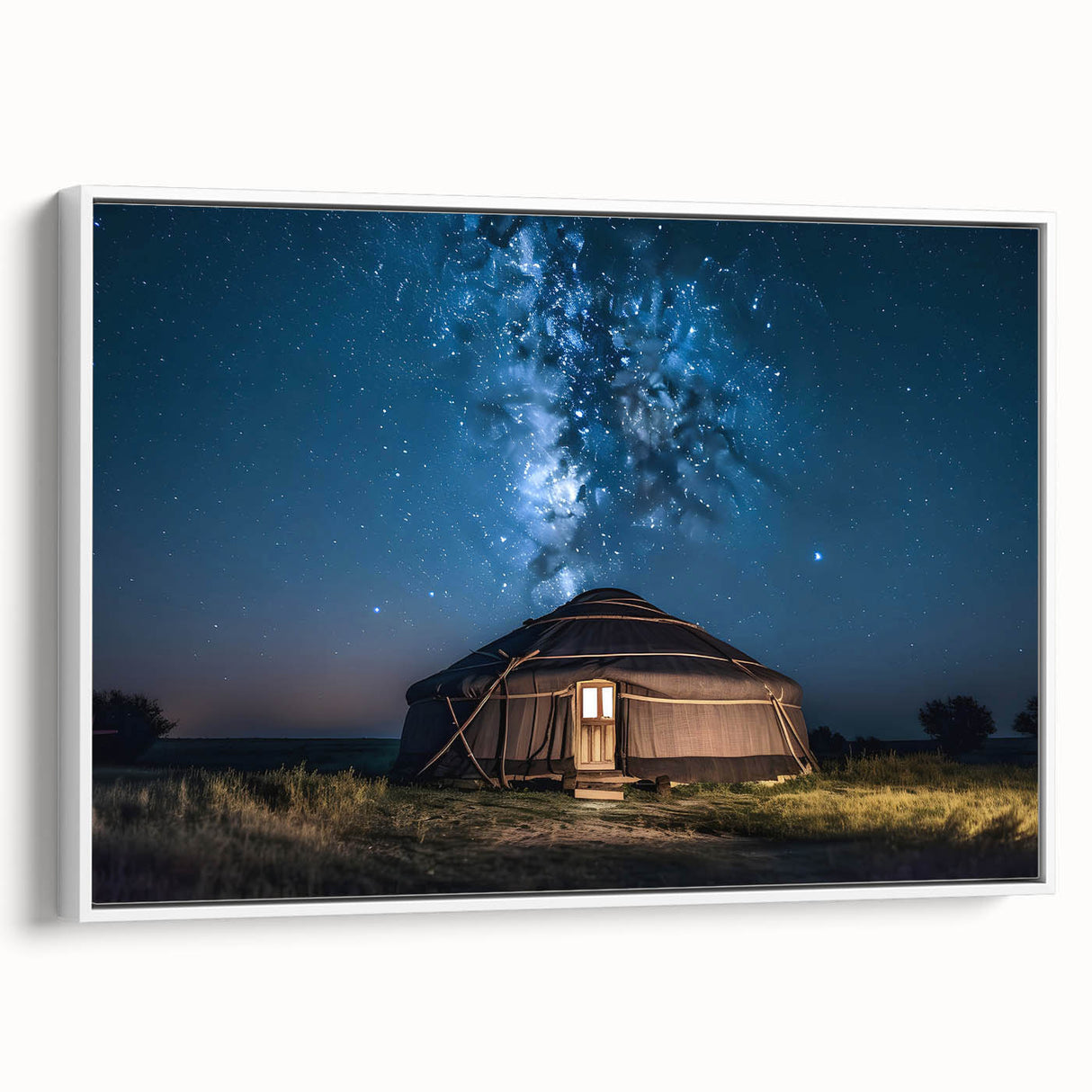 Vintage poster art of a Mongolian landscape on framed canvas, featuring vibrant colors against a black background.