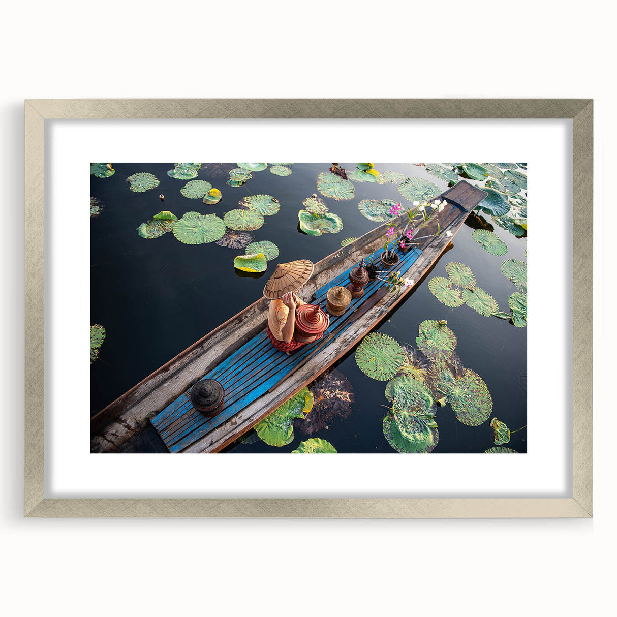 Abstract textured art print displaying a Myanmar scenery, with muted earth tones on a framed silver mat.