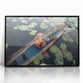 Large abstract wall art depicting a serene Asian landscape in muted earth tones, framed in black acrylic.