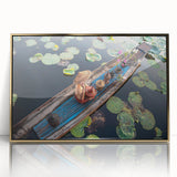 Large acrylic print of a Myanmar landscape in gold tones, framed, mid-century modernist style.