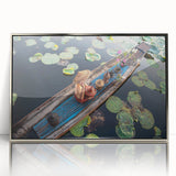 Mid-century modernist art of a Myanmar landscape in silver-framed acrylic, featuring muted earth tones.