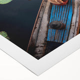 Art deco poster featuring a serene Myanmar landscape in soft blues and greens on rolled canvas.