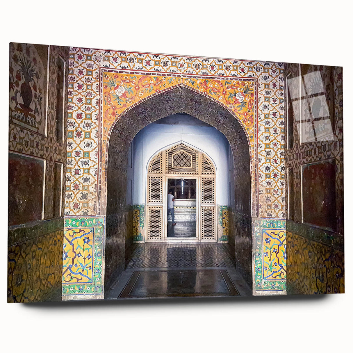 Large abstract wall art of Asian scenery in muted earth tones on acrylic glass, ideal for bedroom or dining room decor.