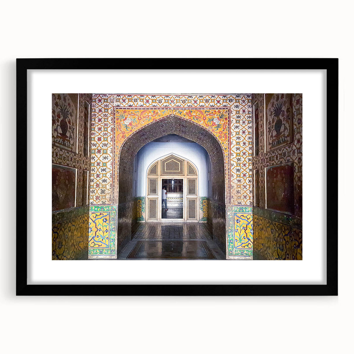 Extra large colorful abstract art print depicting a vibrant, textured scenery of Pakistan, framed in black.
