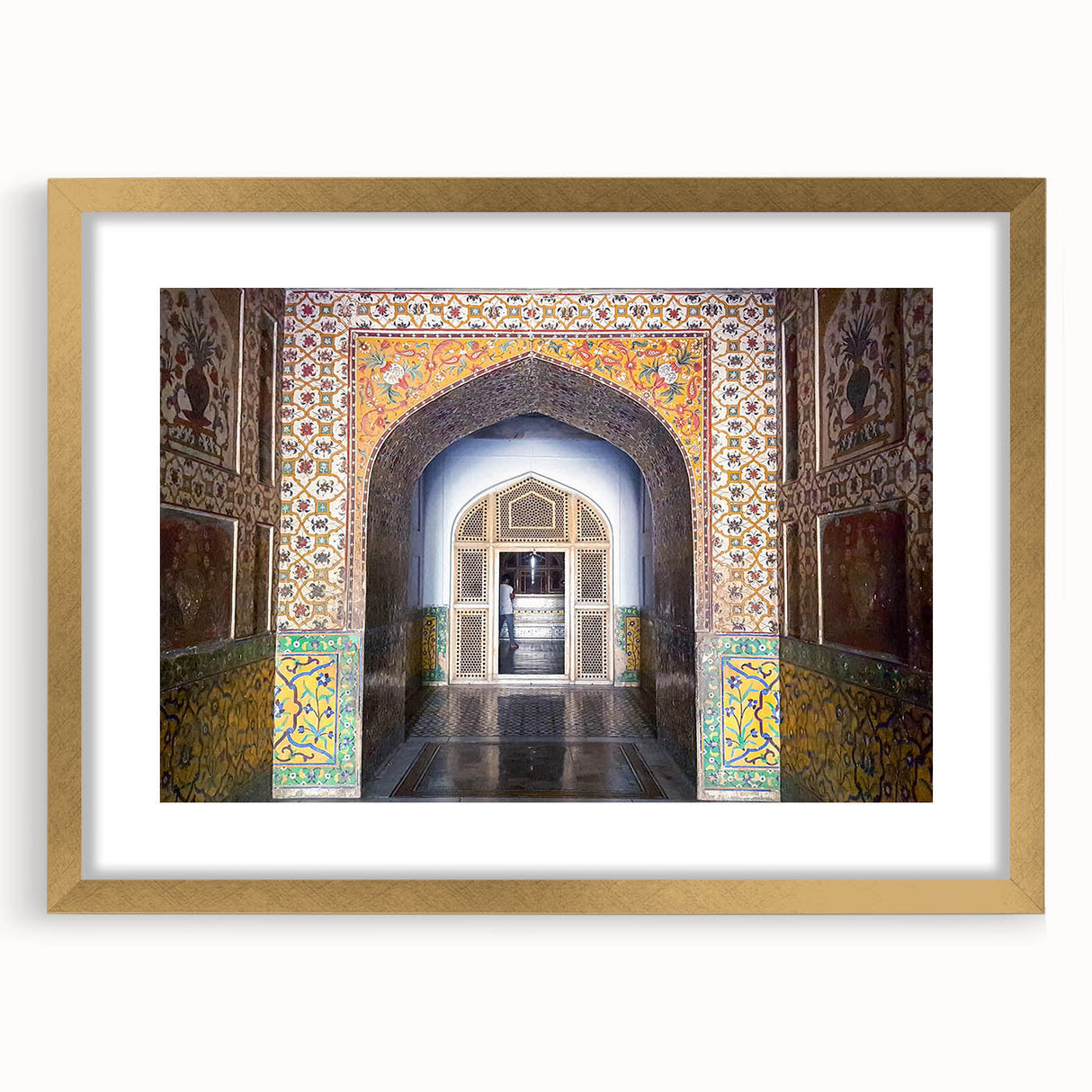 Extra large abstract art print of a textured scenery in Pakistan, muted earth tones, framed with gold mat.