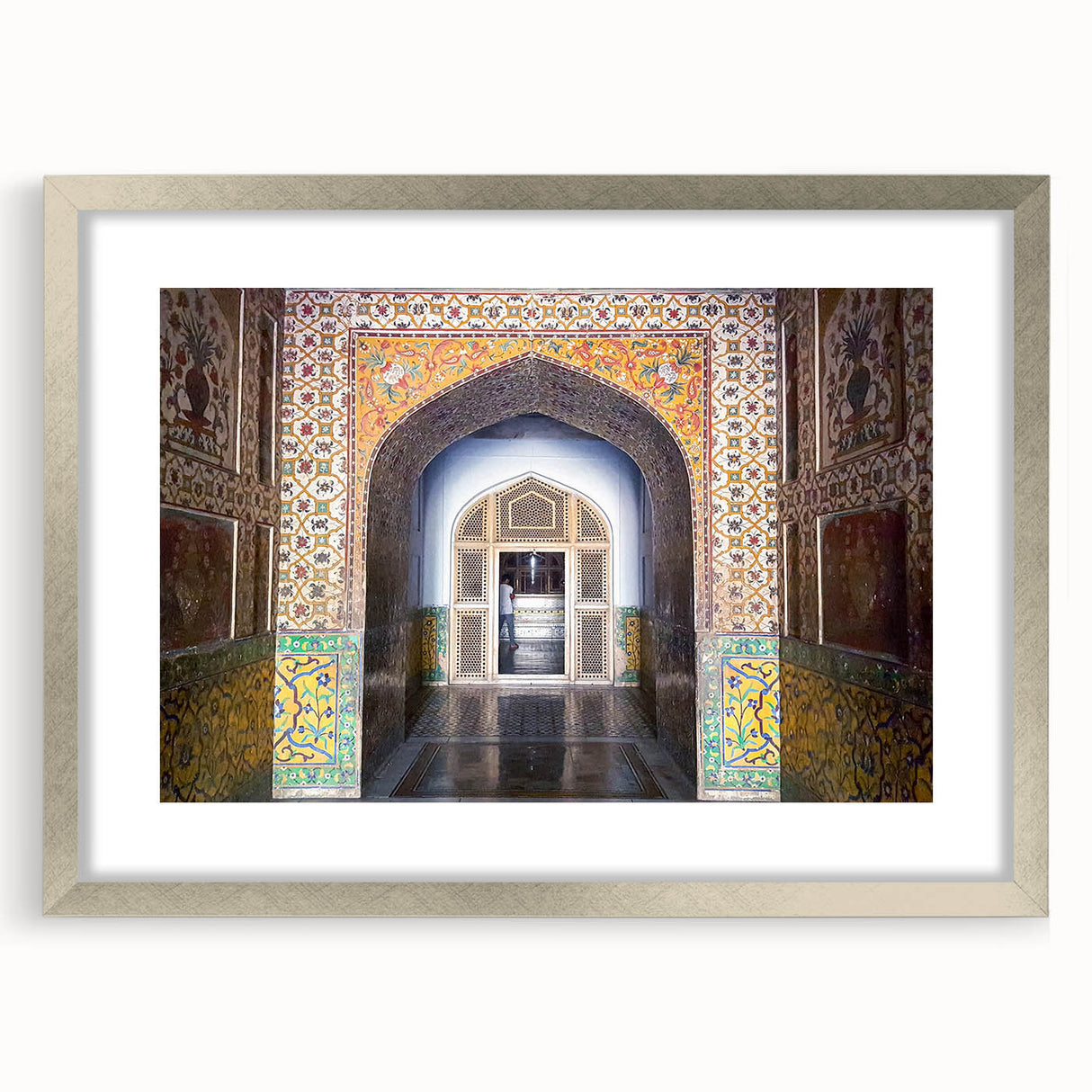 Textured abstract art print depicting a serene Pakistani landscape in muted earth tones, framed in silver.