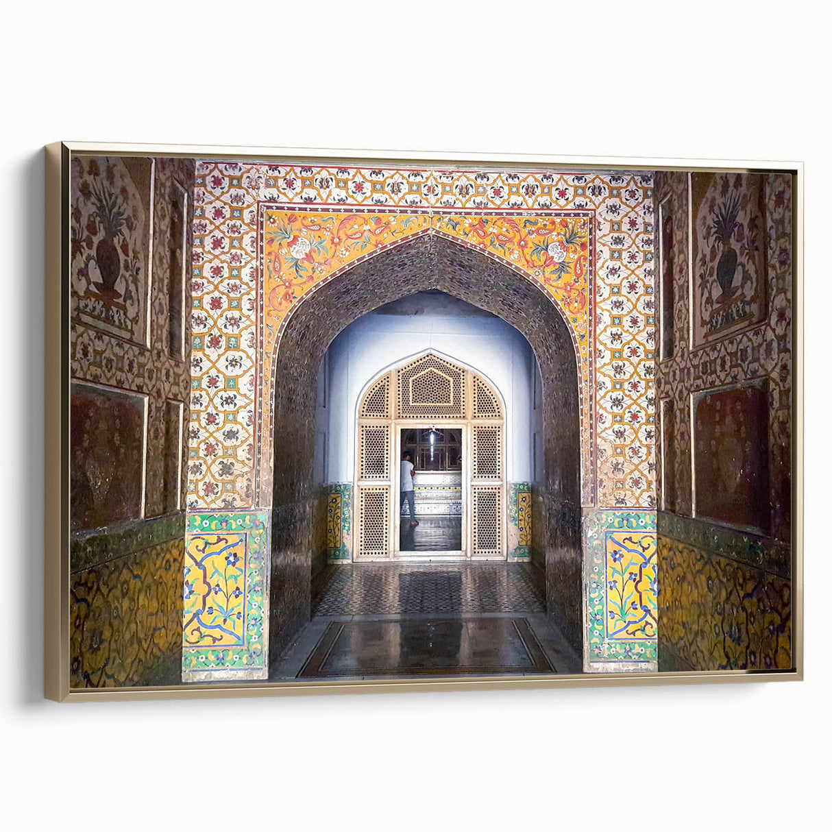 Vintage poster of a Pakistani landscape on framed canvas, featuring a black and gold color scheme, perfect for bedroom decor.