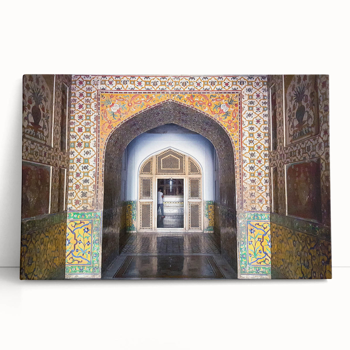 Black and white photograph of a serene Pakistani landscape on a large stretched canvas.