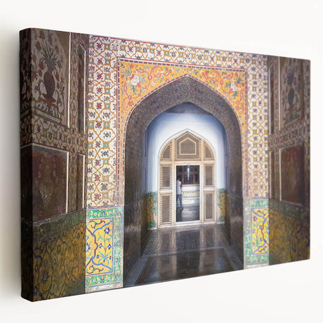 Large canvas print of a serene Pakistani landscape in muted green and blue tones, ideal for kitchen wall art.