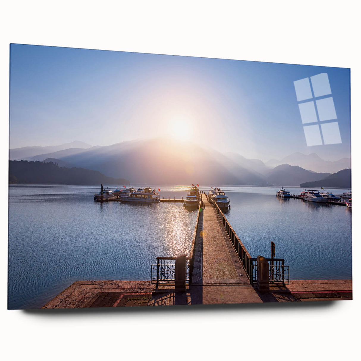 Large abstract wall art depicting a serene Taiwanese landscape in muted earth tones on acrylic glass.