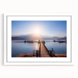 Abstract art print of a Taiwanese landscape in muted greens and blues on a framed white mat, suitable for dining room decor.