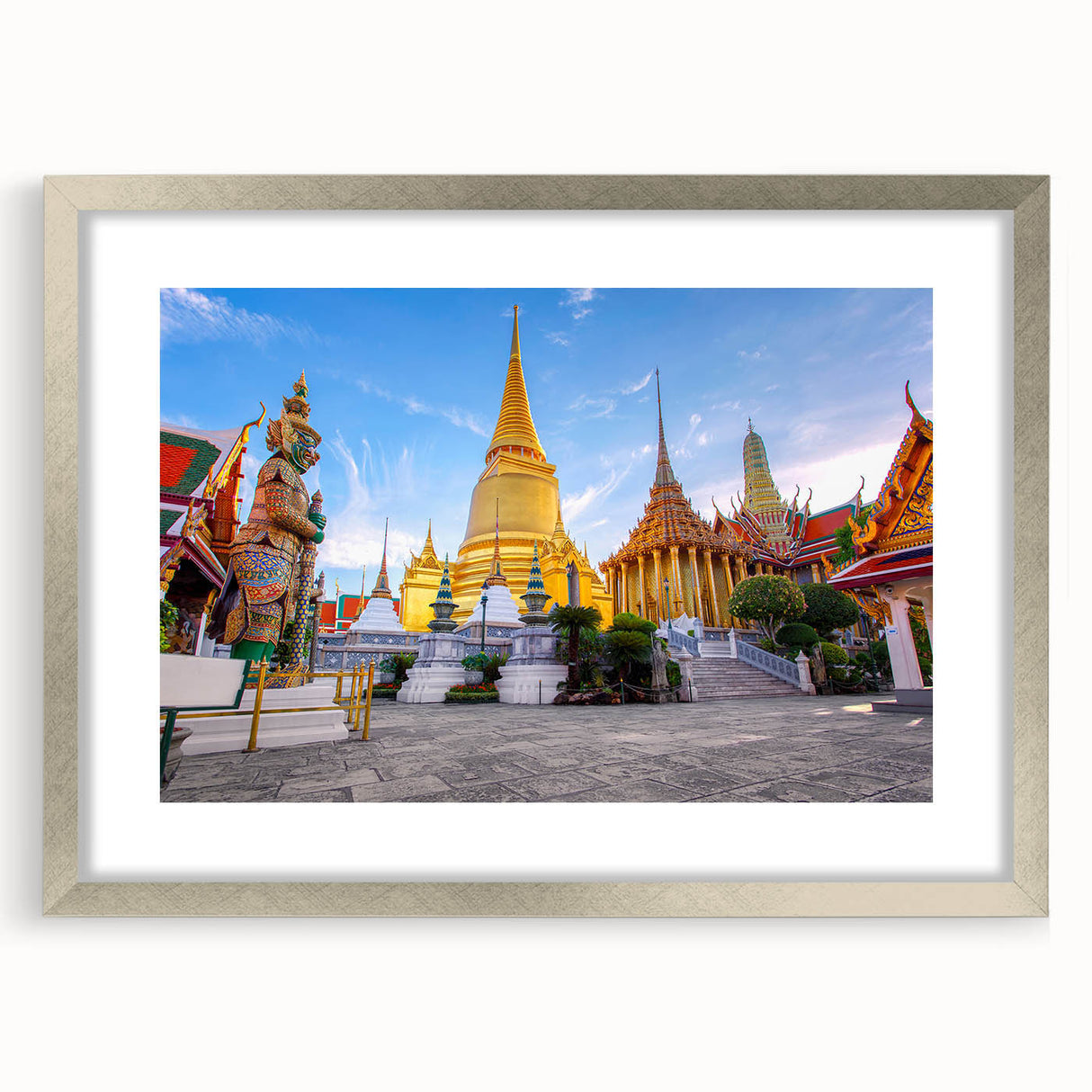 Textured art print of Bangkok skyline in muted gray and silver, framed with a mat, ideal for modern bedroom decor.