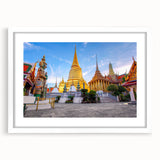 Abstract art print of Bangkok cityscape in muted gray and blue tones, framed with a white mat.