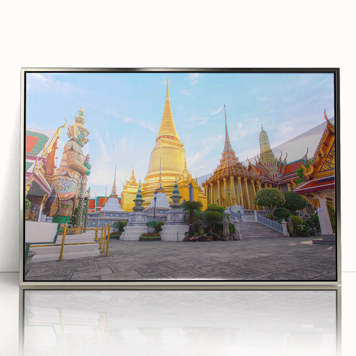 Mid-century modernist art depicting Bangkok skyline in muted silver and gray tones on framed acrylic.