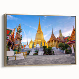 Framed canvas featuring a vintage poster art of Bangkok landscape in muted gold and black, suitable for bedroom wall art.