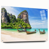Large abstract wall art featuring a serene Thai landscape in muted green and blue tones, acrylic print.