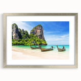Textured abstract art print of a serene Thai landscape in muted green and blue tones, framed in silver.