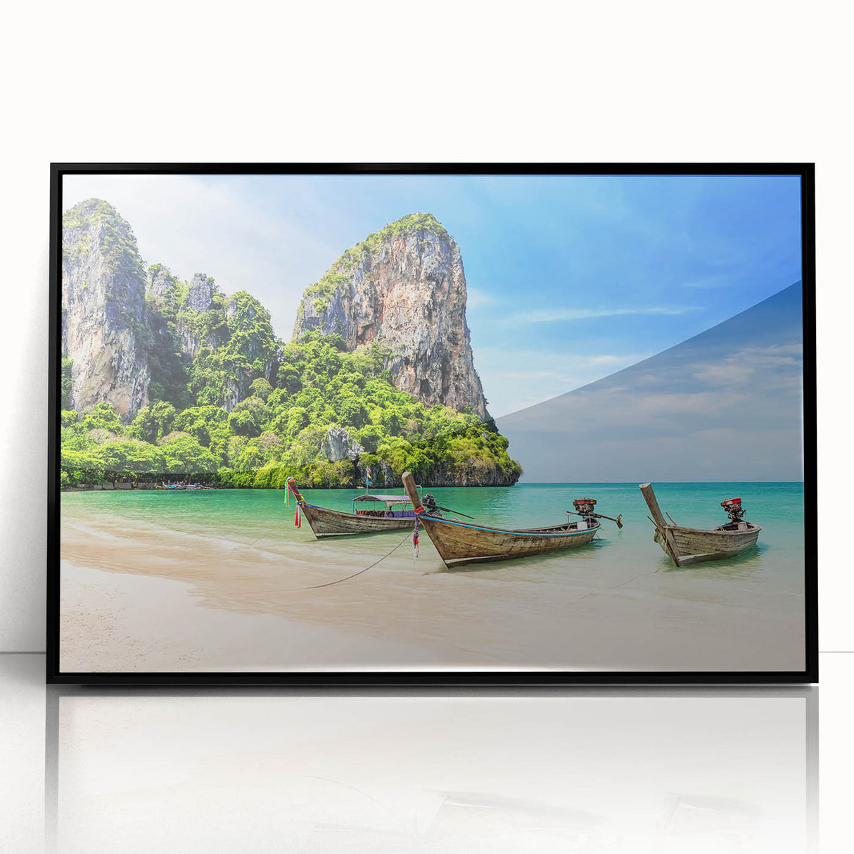 Large abstract wall art depicting a serene Thai landscape in muted greens and blues on a framed acrylic.