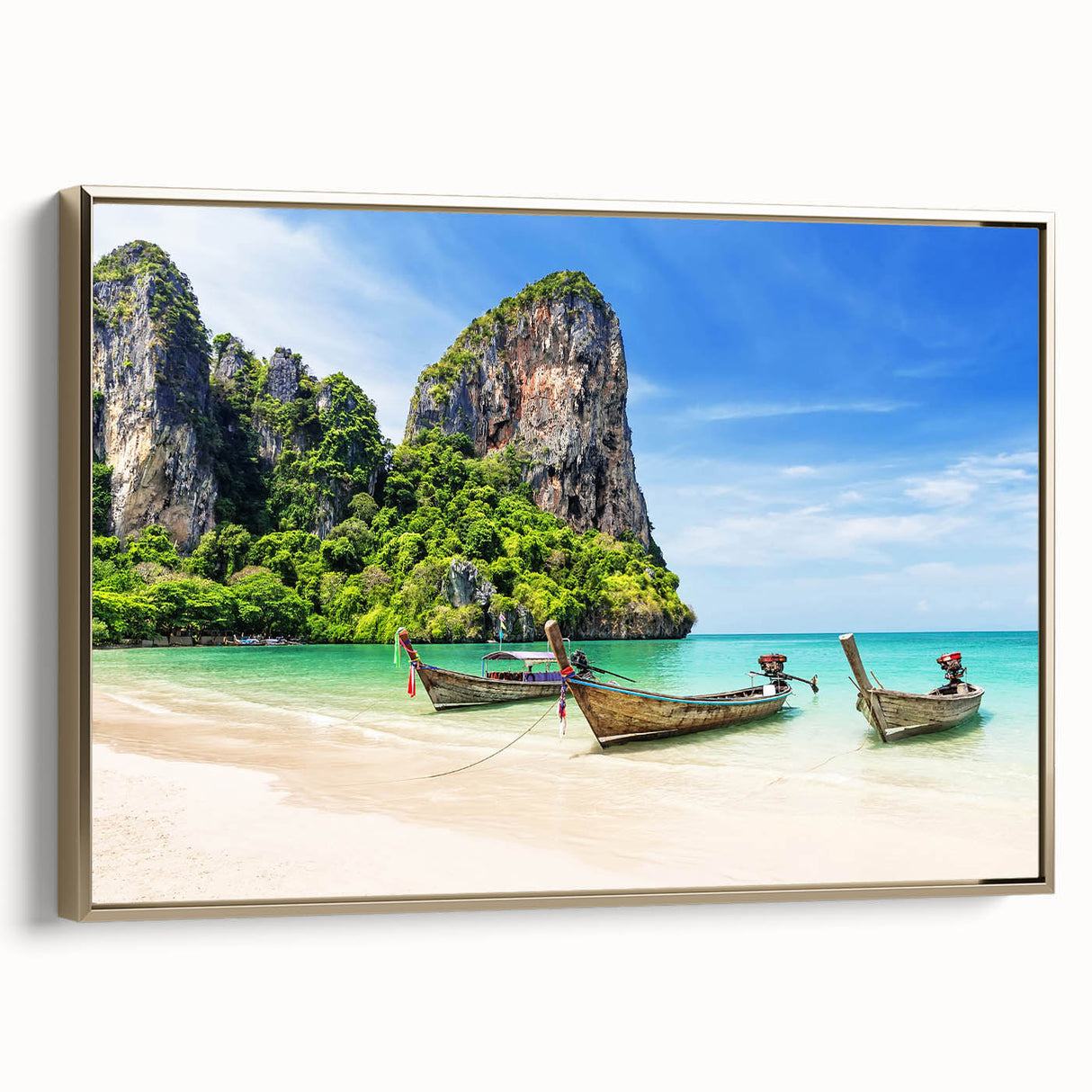 Framed canvas featuring a vintage-style landscape painting of a serene Thai scenery in gold and black tones.