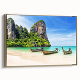 Framed canvas featuring a vintage-style landscape painting of a serene Thai scenery in gold and black tones.