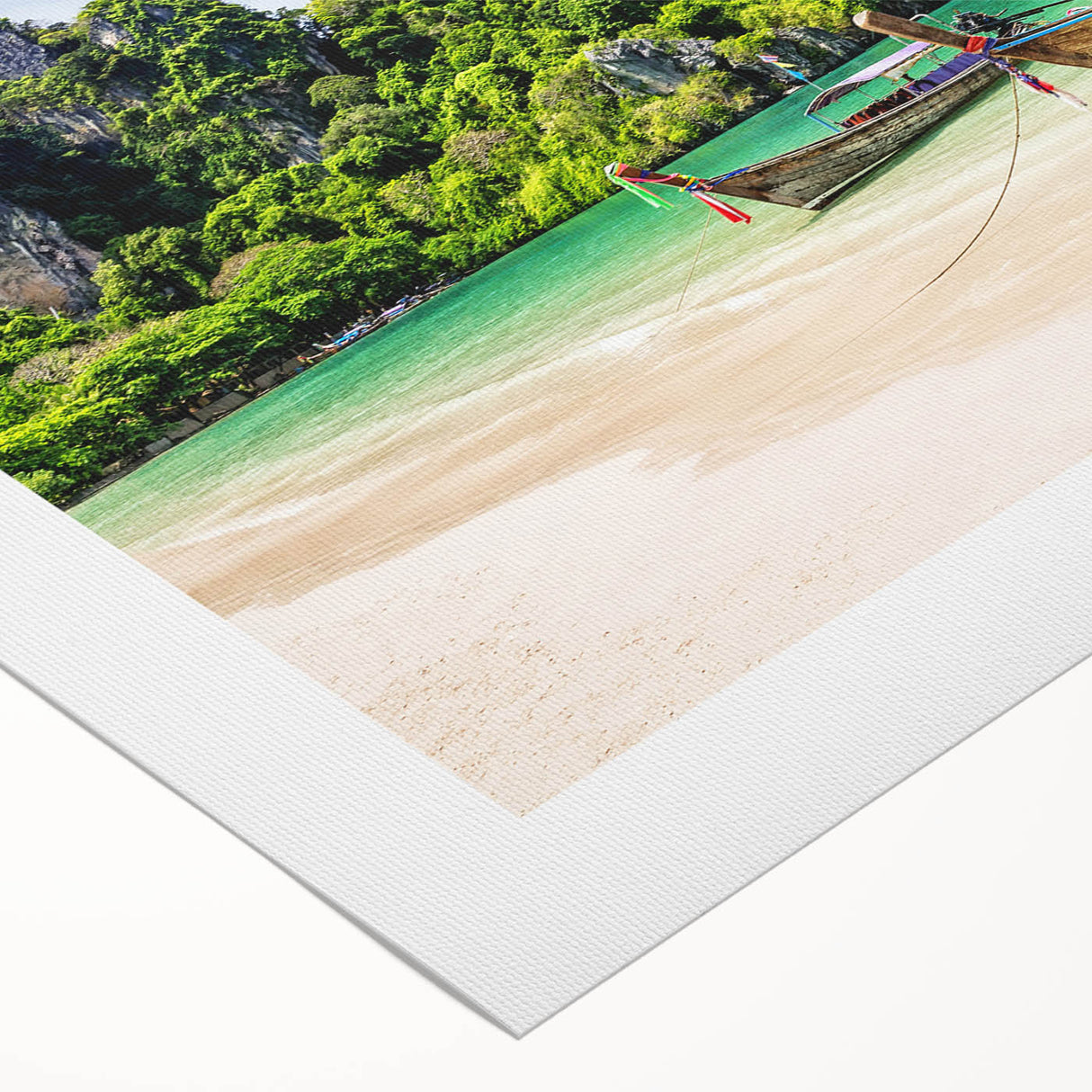 Art deco poster showcasing a serene Thai landscape in muted green and blue tones on rolled canvas.