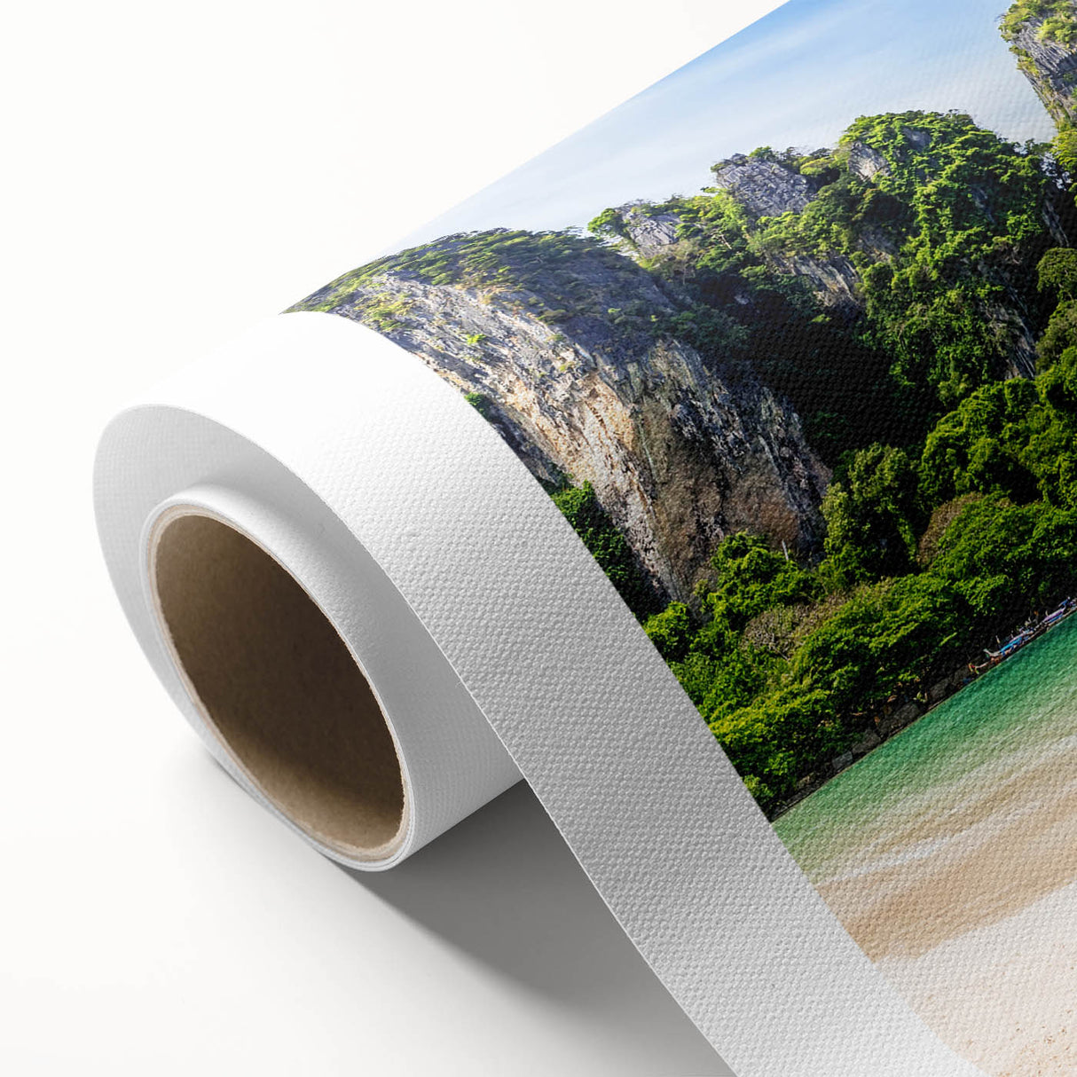 Art deco poster of a serene Thai landscape in muted green and blue tones on rolled canvas, ideal for nursery wall art.