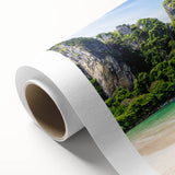 Art deco poster of a serene Thai landscape in muted green and blue tones on rolled canvas, ideal for nursery wall art.