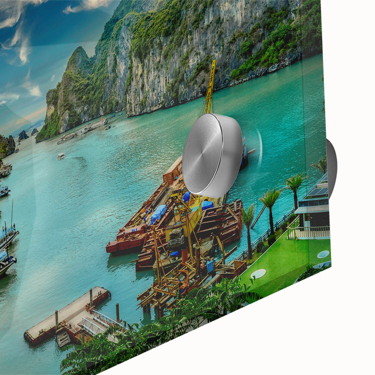 Large abstract wall art of a Vietnamese landscape in muted earth tones on acrylic glass, ideal for dining room ambiance.