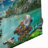 Large abstract wall art of a Vietnamese landscape in muted earth tones on acrylic glass, ideal for dining room ambiance.