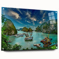 Acrylic print of a Vietnamese landscape in muted greens and blues, ideal for dining room decor.