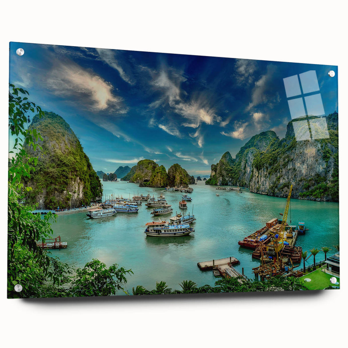 Acrylic print of a Vietnamese landscape in muted greens and blues, ideal for dining room decor.